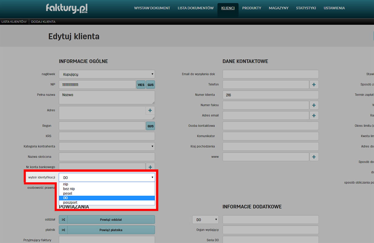 Edycja sposobu identyfikacji klienta na stronie danych kontrahenta w serwisie faktury.pl Zmiana sposobu identyfikacji klienta w danych klienta w faktury.pl