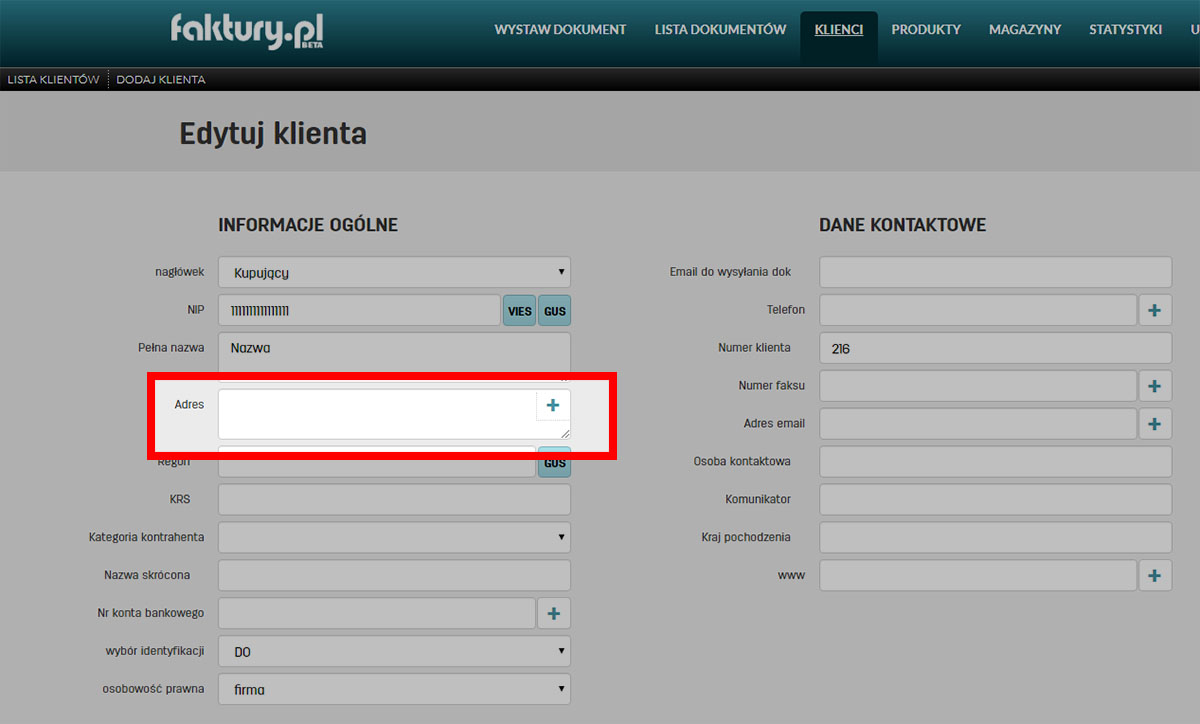 Jak dodać adres w danych klienta na faktury.pl Dodawanie adresu kontrahenta na stronie edycji jego danych