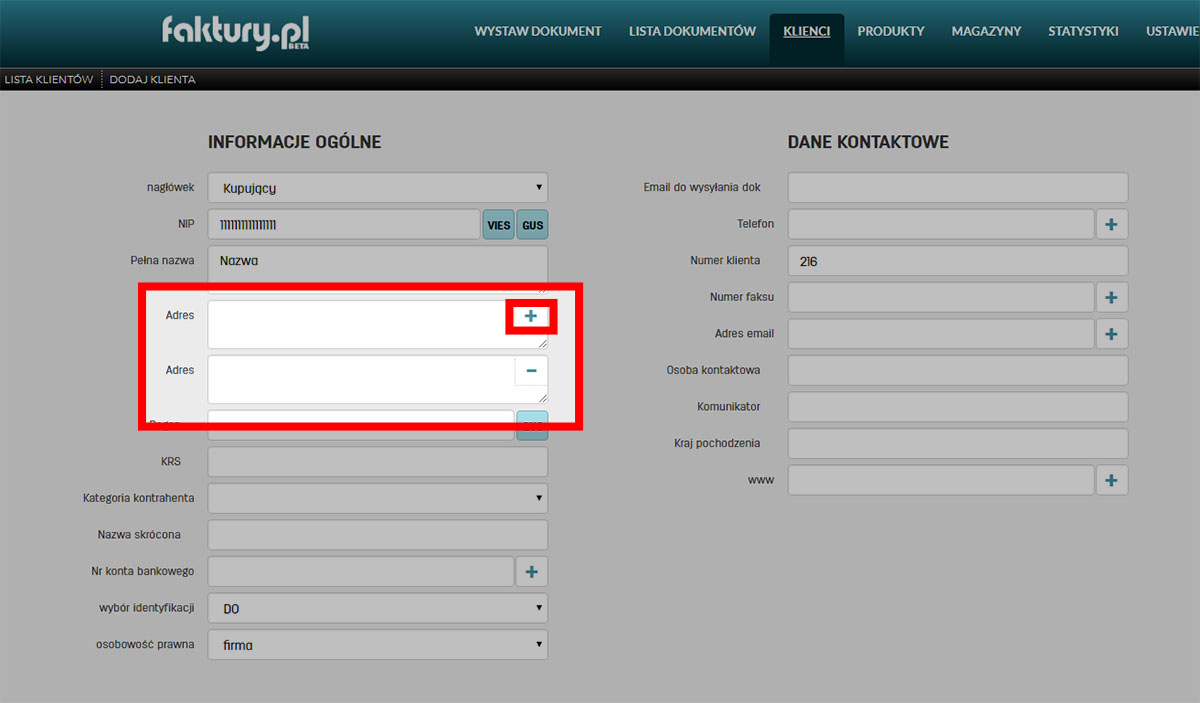 Jak dodać do klienta kilka adresów w oprogramowaniu faktury.pl Klika adresów klienta w programie faktury.pl