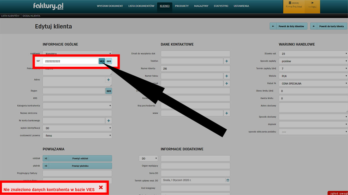 Sprawdzenie czy klienta w bazie VIES podczas dodawania go do bazy na faktury.pl