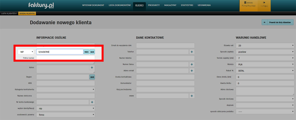 Zaciąganie danych z GUS na podstawie numeru NIP klienta