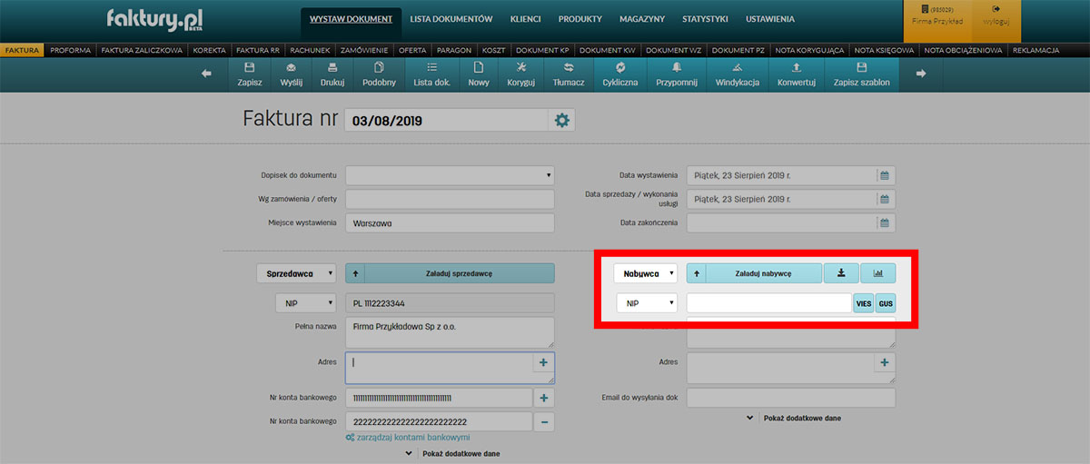 Dane klienta ładowane z GUS lub z VIES 