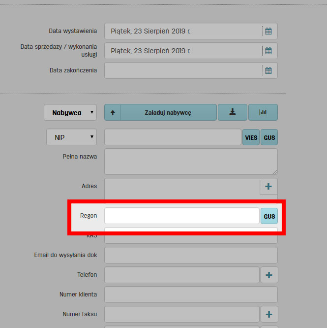 Załadowanie danych klienta z bazy GUS lub VIES w serwisie faktury.pl