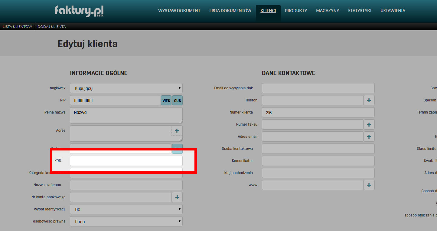 Numer KRS na stronie edycji danych kontrahenta w serwisie faktury.pl Dodawanie numeru KRS do danych kontrahenta
