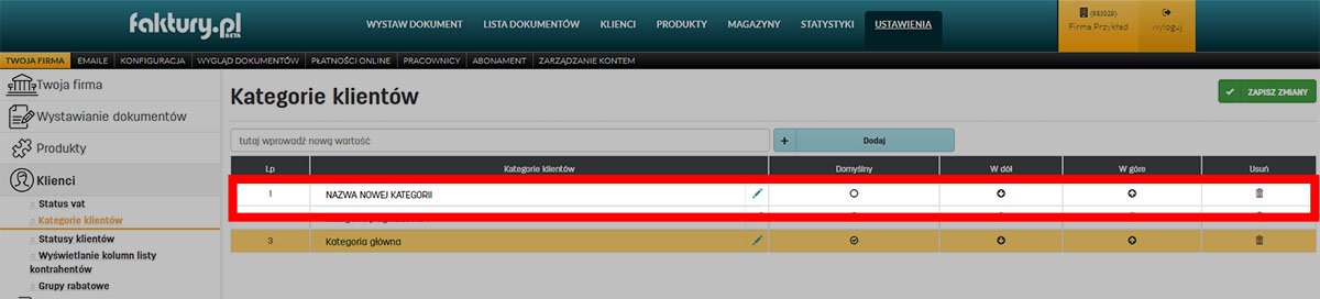 Edytowanie kategorii klientów w serwisie faktury.pl
