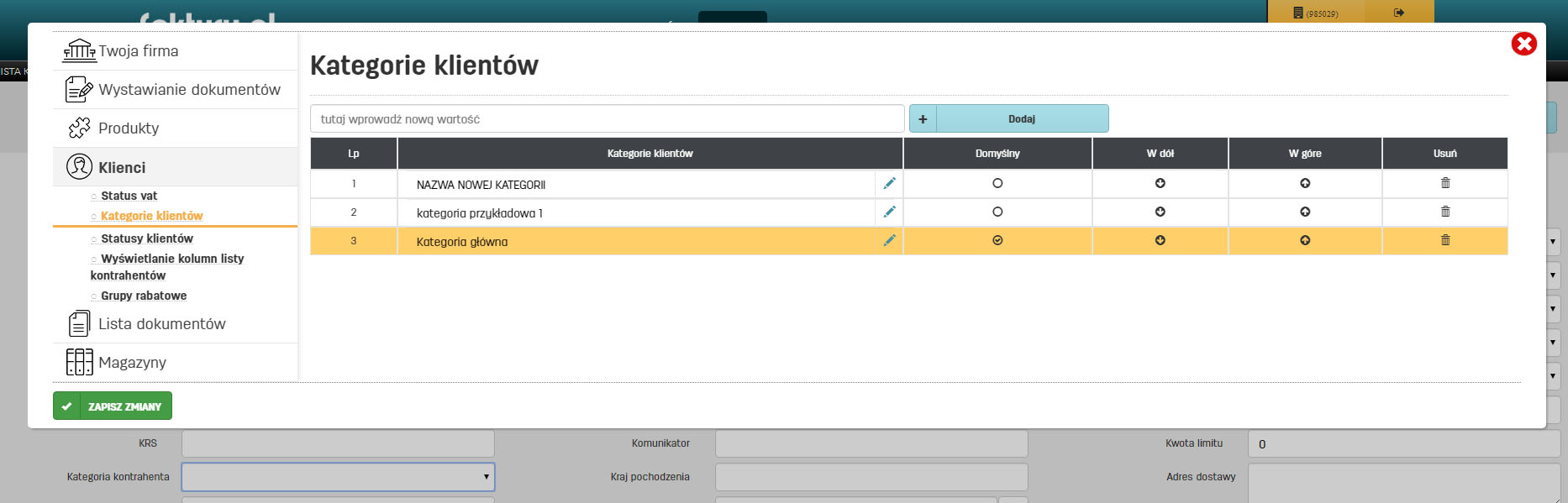 Lista kategorii klientów w ustawieniach programu do faktur online faktury.pl