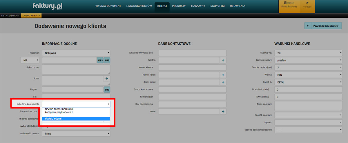 Zmiana kategorii kontrahenta w programie faktury.pl