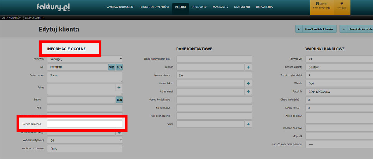 Edycja nazwy skr&oacute;conej w faktury.pl