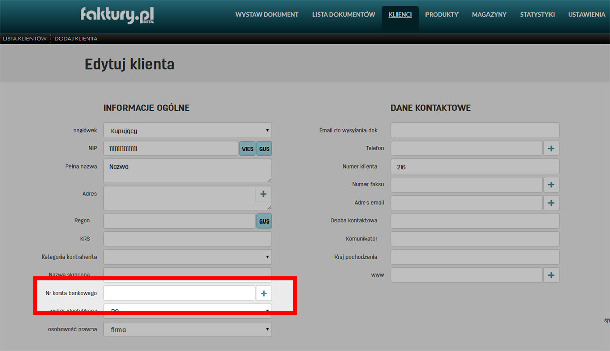 Strona dodawania klienta na portalu faktury.pl Strona edycji danych klienta na platformie faktury.pl