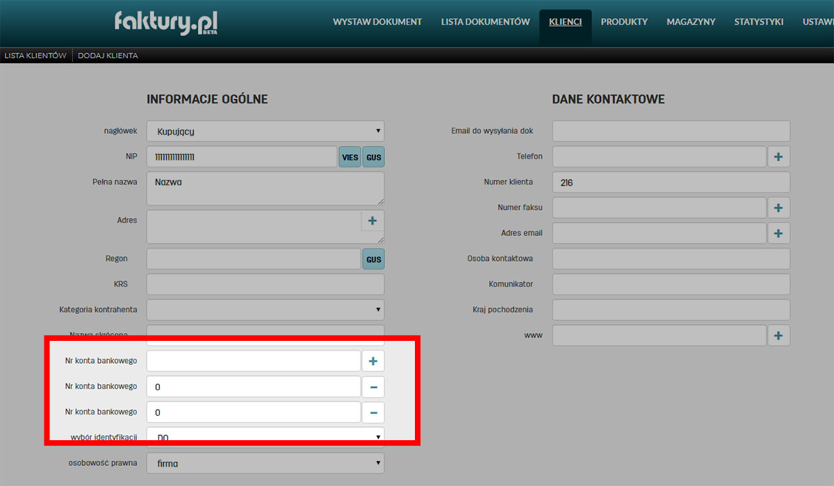 Jak dodać kilka numerów kont bankowych w serwisie faktury.pl Numery kont bankowych klienta w programie do fakturowania faktury.pl