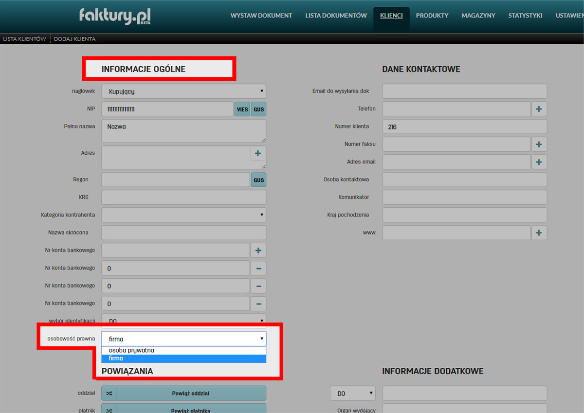 Dane kontrahenta zapisane w bazie faktury.pl