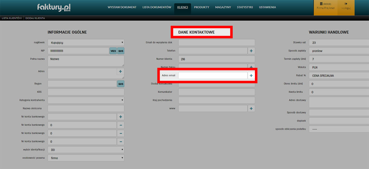 Edytowanie adresu email do wysyłki dokument&oacute;w na faktury.pl