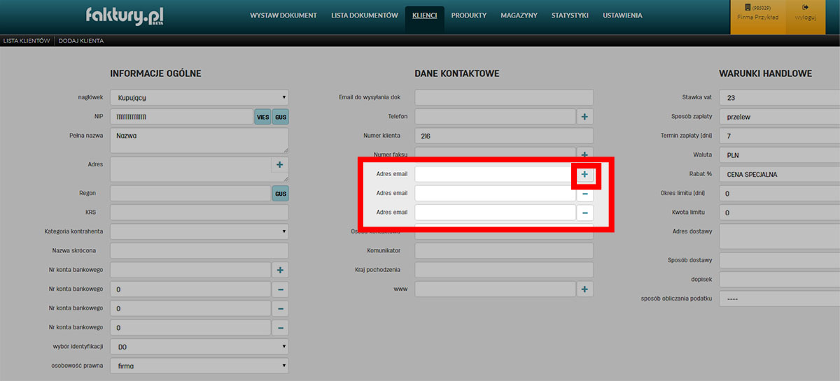 Jak dodać więcej niż jeden adres email w danych kontrahenta na faktury.pl