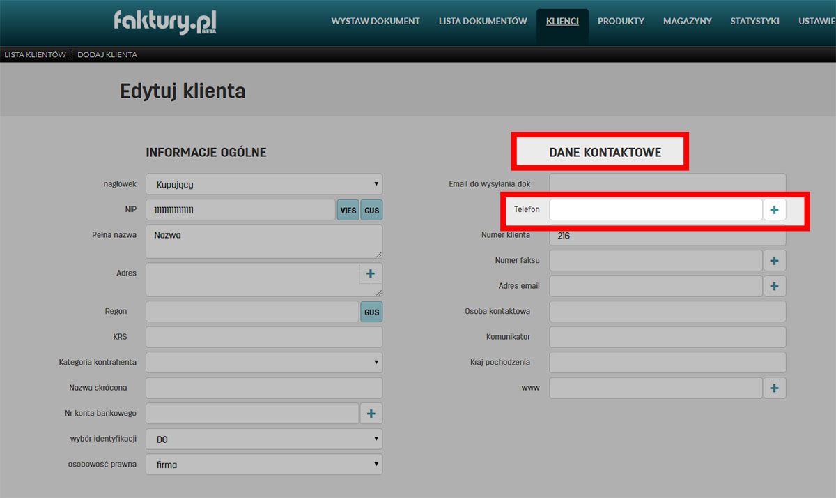 Jak zmienić telefon do klienta zapisanego w bazie faktury.pl Zmiana danych kontaktowych kontrahenta zapisanego w bazie oprogramowania faktury.pl