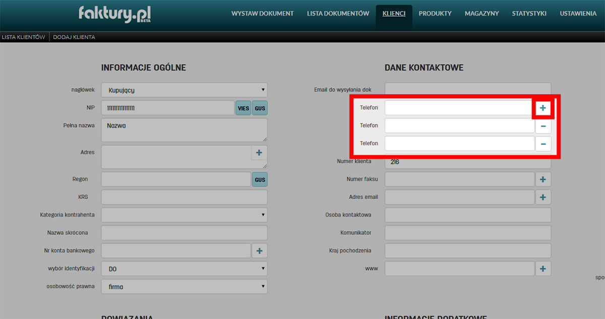 Jak dodać kilka numerów telefonów do jednego kontrahenta Kilka numerów telefonów klienta w programie faktury.pl