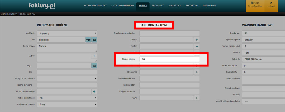 Jak zmienić numer klienta w jego danych na faktury.pl Nadawanie klientowi numeru