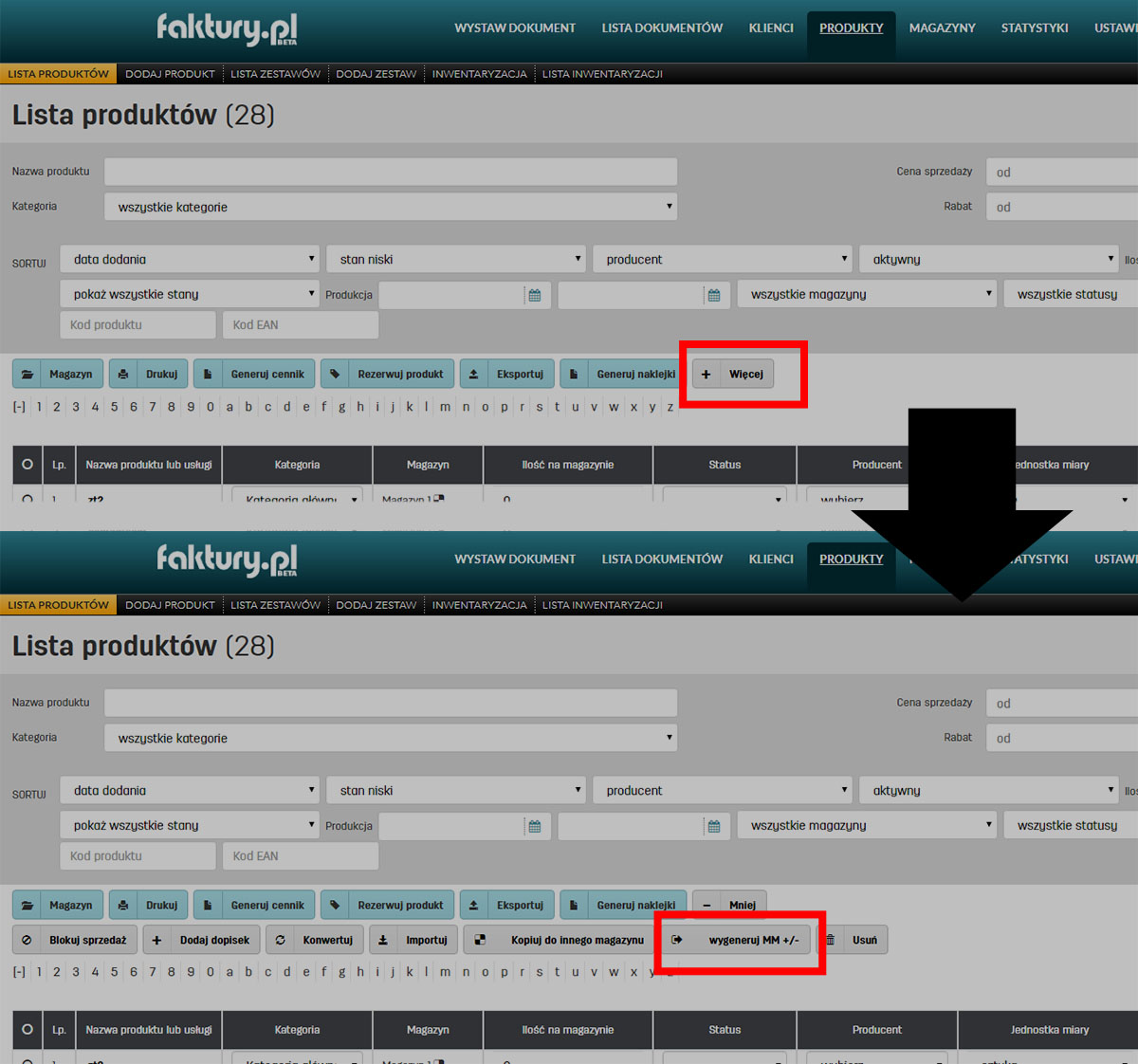 Przesunięcie wybranych produktów do innego magazynu na faktury.pl