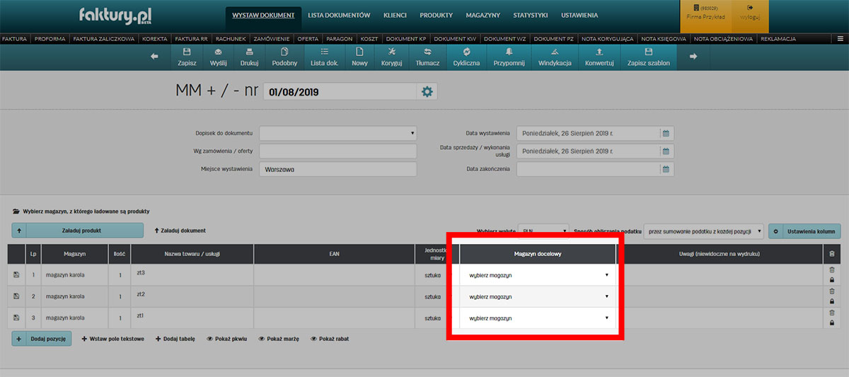 Magazyn docelowy dla przesuwanych produktów