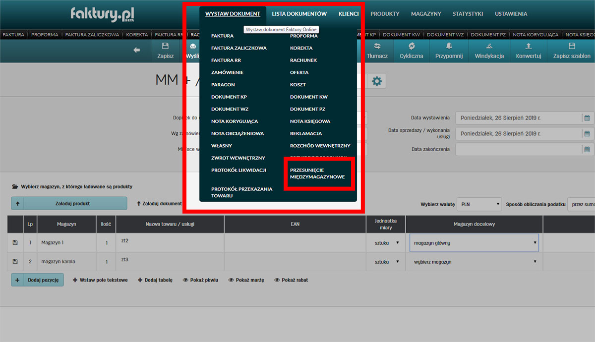 Przesunięcia między magazynowe w programie do fakturowania faktury.pl