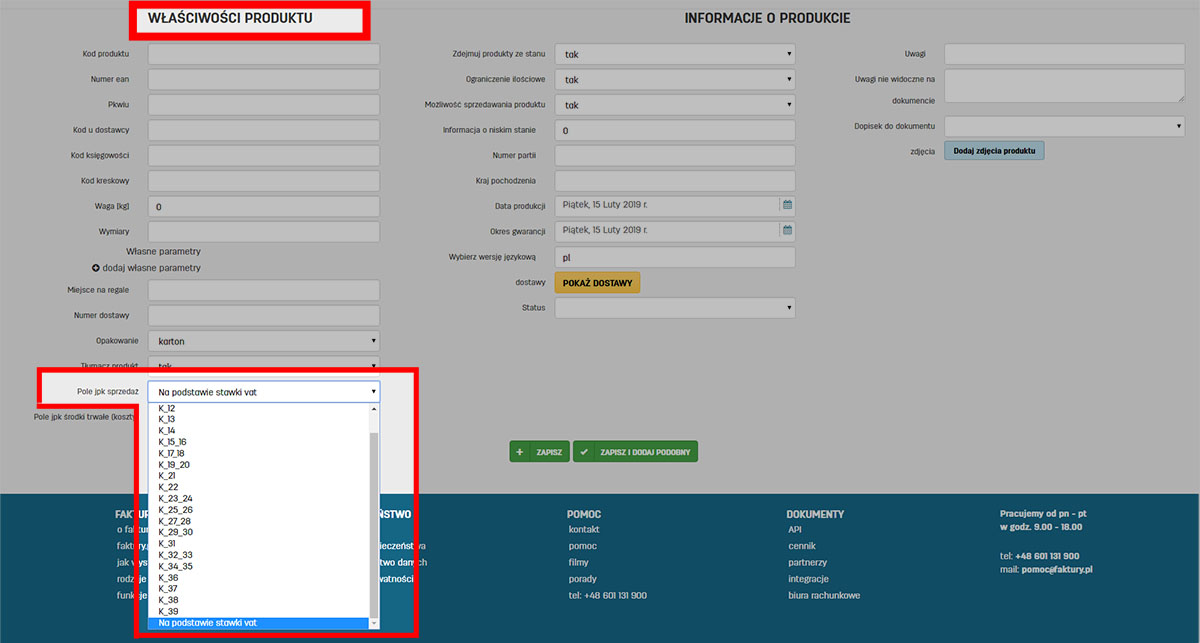 Jak wybrać JPK sprzedaż edytując dane produktu na faktury.pl Pole JPK sprzedaż w edycji danych produktu na stronie faktury.pl