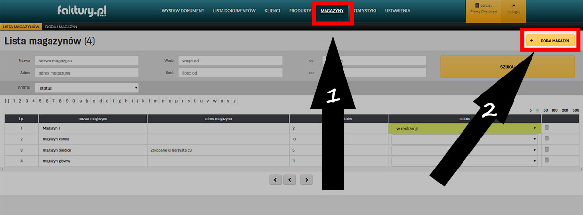 Własne magazyny w serwisie faktury.pl Tworzenie własnych magazynów z produktami w programie magazynowym faktury.pl