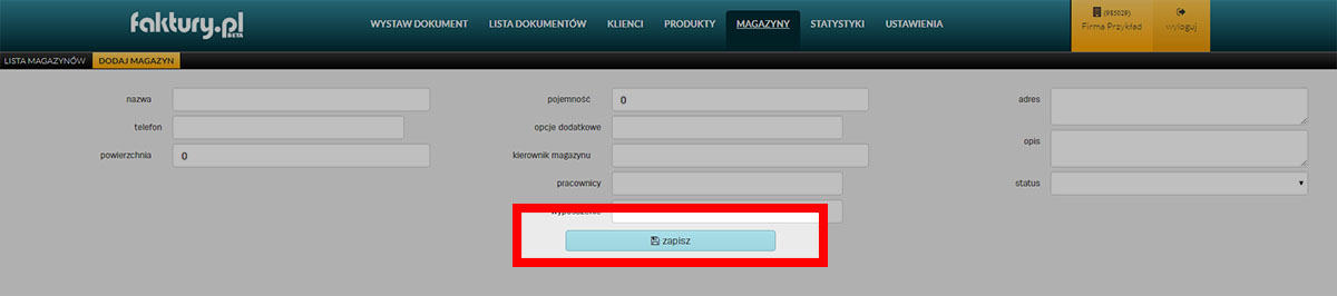Jak dodać i zapisać magazyn dla produktów w serwisie faktury.pl Dane przypisane do magazynu z produktami w programie faktury.pl