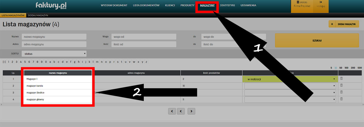 Lista magazynów w serwisie faktury.pl Własne magazyny w programie magazynowym faktury.pl