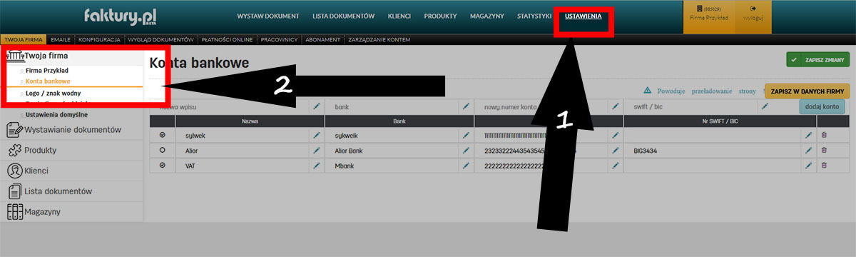 Ustawienia kont bankowych w programie faktury.pl Konta bankowe w programie do fakturowania faktury.pl