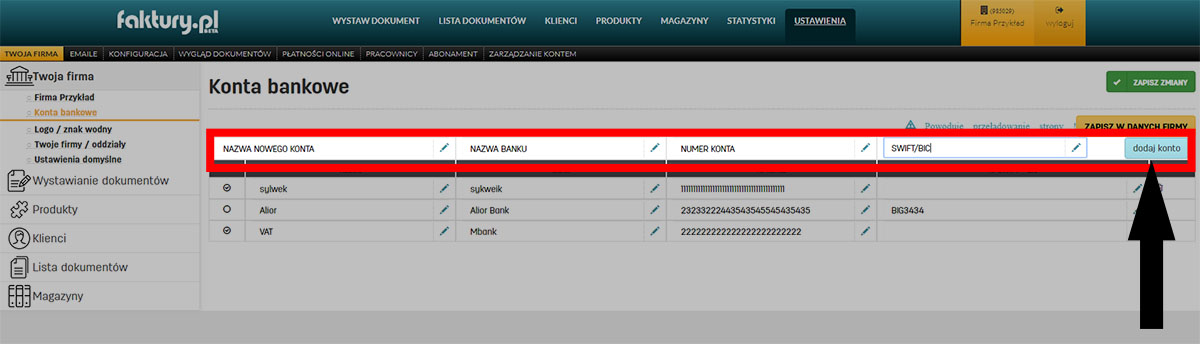 Jak dodać konto bankowe w serwisie faktury.pl Dodawanie konta bankowego firmy w programie faktury.pl