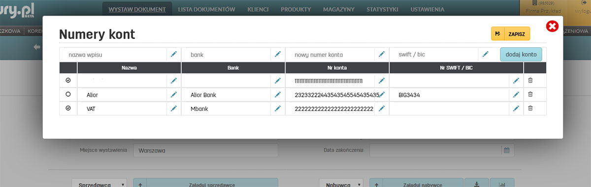 Lista kont bankowych w ustawieniach firmy w serwisie faktury.pl Kilka numerów kont bankowych w serwisie faktury.pl