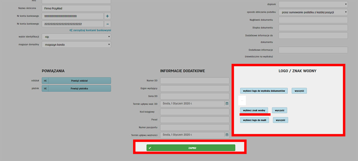 Edycja danych firmy i dodanie znaku wodnego w faktury.pl Jak dodać znak wodny na koncie w faktury.pl