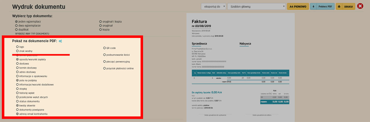 Jak ustawić drukowanie znaku wodnego na fakturze w programie faktury.pl Ustawienie znaku wodnego na wydruku faktury w serwisie faktury.pl