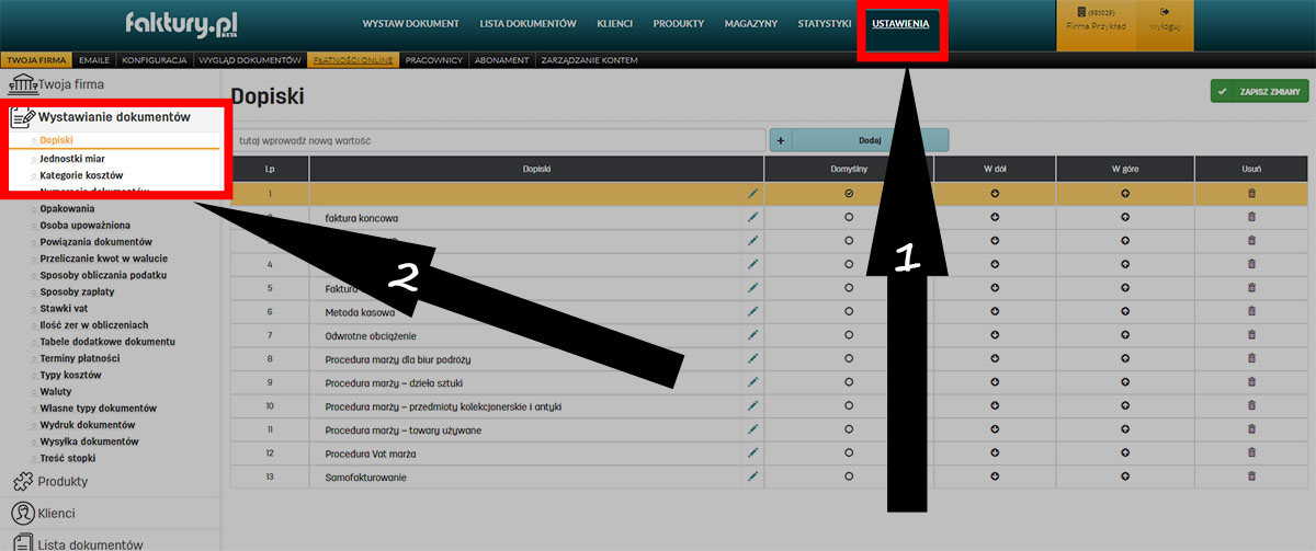 Dopiski na dokumentach wystawianych w serwisie faktury.pl