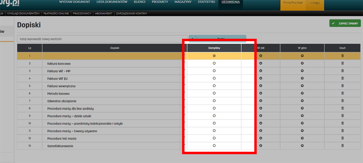 Domyślny dopisek do faktury w oprogramowaniu do fakturowania faktury.pl