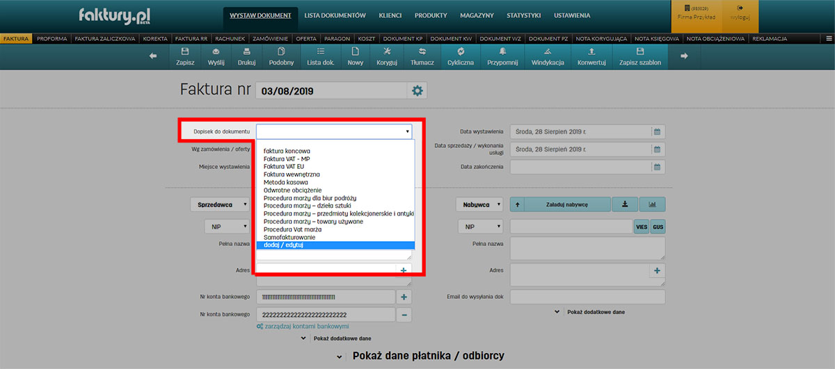 Wybór dopisku do faktury w faktury.pl