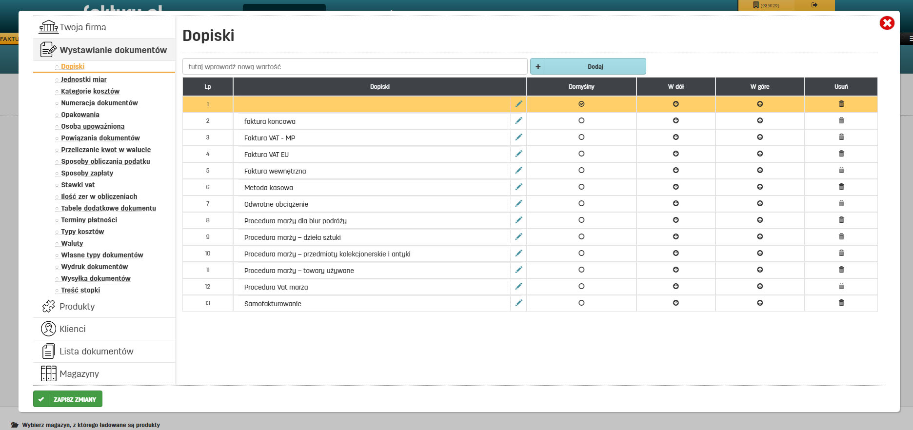 Ustawienia dopisków do dokumentów w serwisie faktury.pl