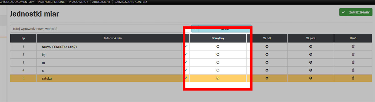 Domyślna jednostka miar w faktury.pl