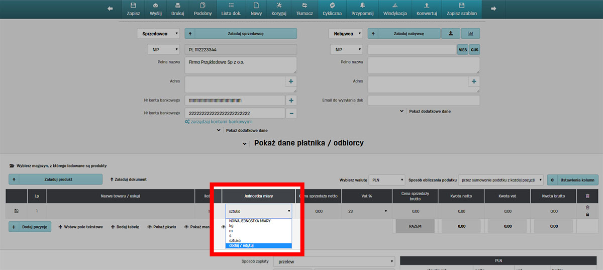 Wybór jednostki miary na wystawianej fakturze