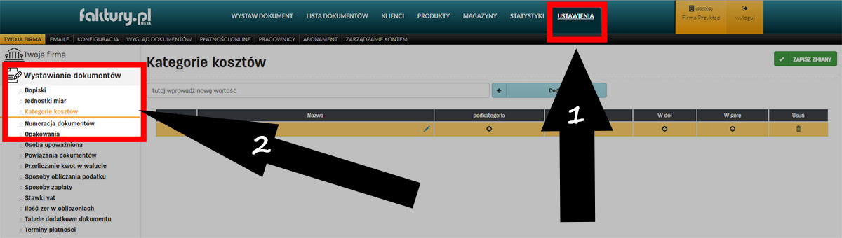 Kategorie dokumentów kosztowych w oprogramowaniu do fakturowania faktury.pl