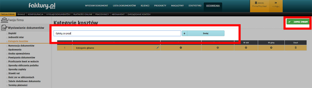 Tworzenie własnych kategorii kosztów w programie faktury.pl