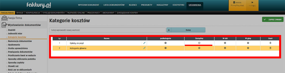 Domyślne kategorie kosztów w programie do fakturowania faktury.pl