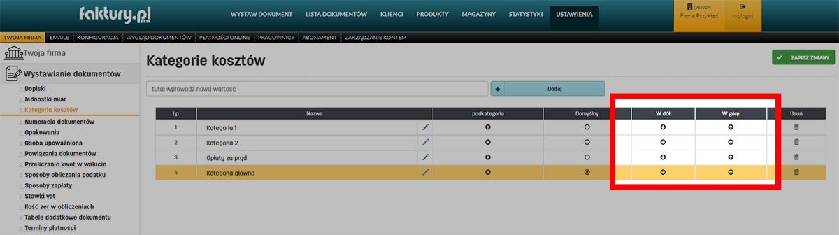 Lista kategorii kosztów w faktury.pl