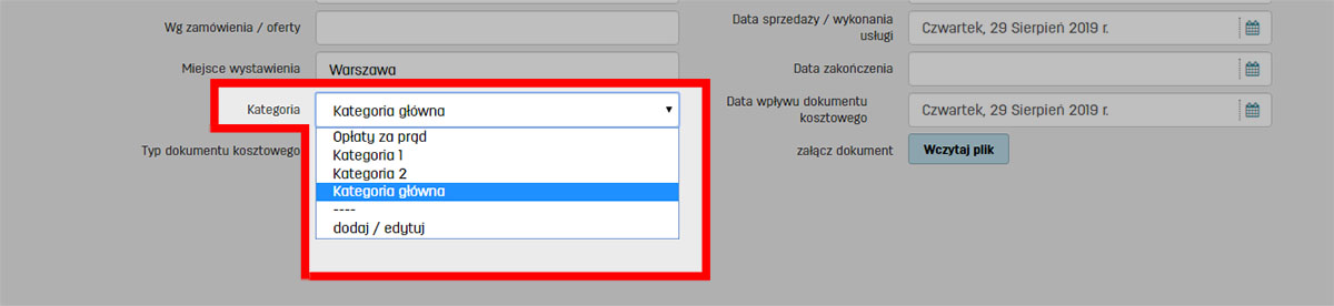 Kategorie kosztów w serwisie do fakturowania faktury.pl