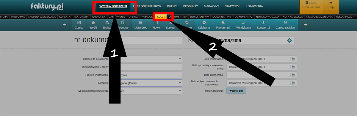 Wystawienie dokumentu kosztowego  w programie faktury.pl