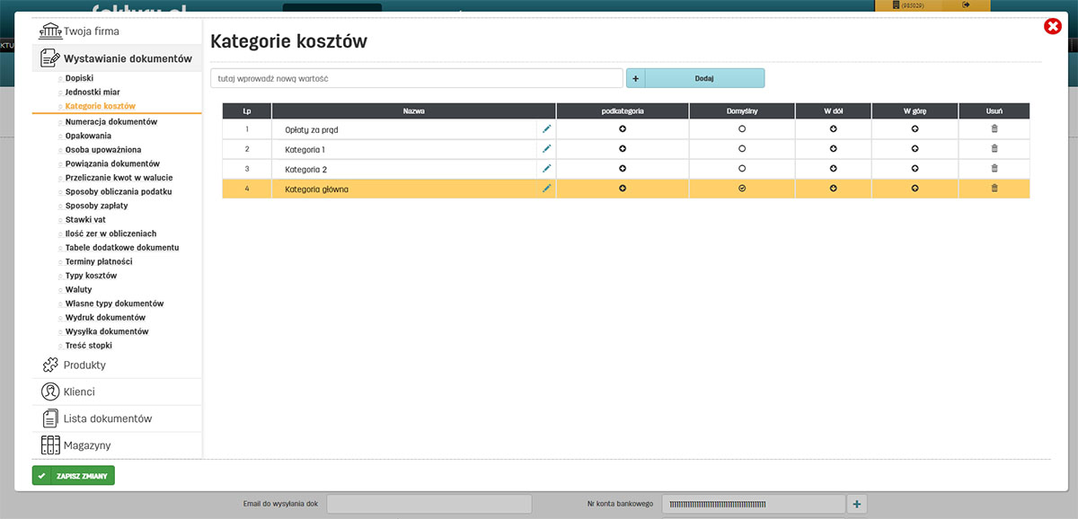 Ustawienia kategorii kosztów w programie faktury.pl