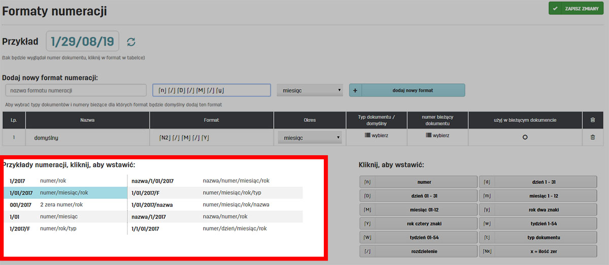 Przykładowe formaty numeracji na faktury.pl