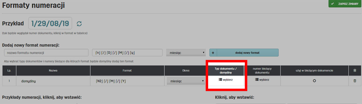Format numeracji dla wybranego typu dokumenti