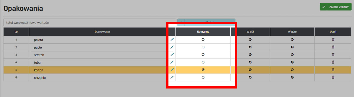 Domyślne opakowanie w programie faktury.pl