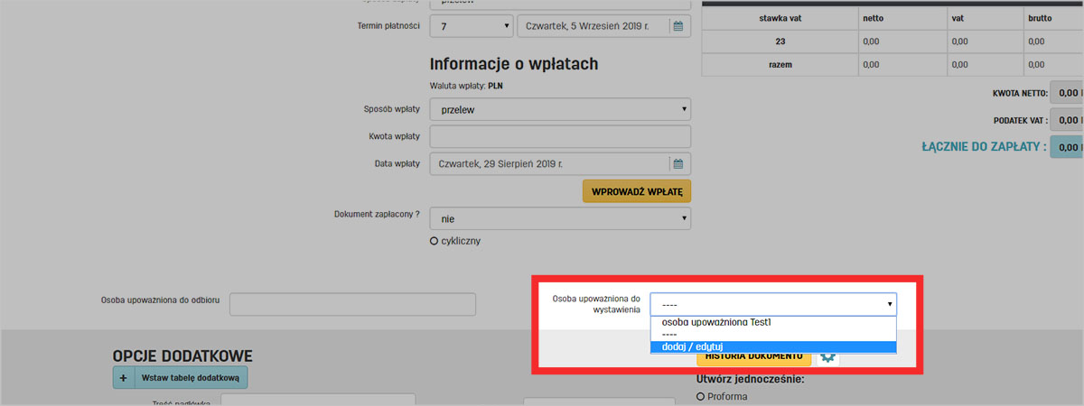 Opcja wyboru osoby upoważnionej do wystawienia dokumentu na faktury.pl