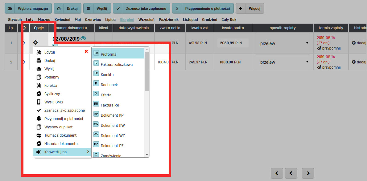 Konwersja jednego dokumentu w drugi w oprogramowaniu faktury.pl